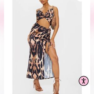PrettyLittleThing Brown Leopard Print Satin Twist Bust Ruched Maxi Dress